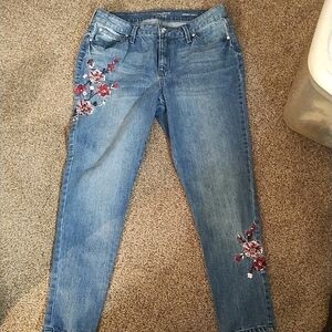Jennifer Lopez Skinny Ankle Blue Jeans with Red Floral Embroidery